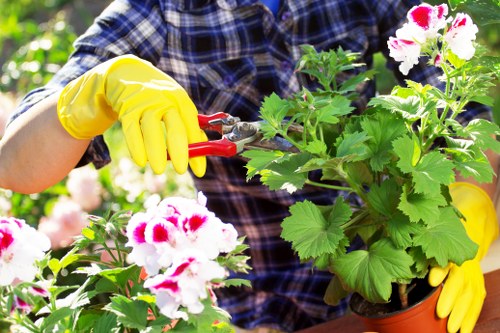 Gardening team preparing equipment at site